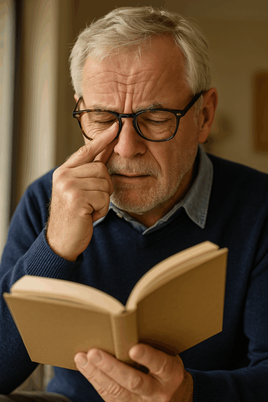 Man leest een boek, maar heeft daar moeite mee en zet zijn bril wat hoger
