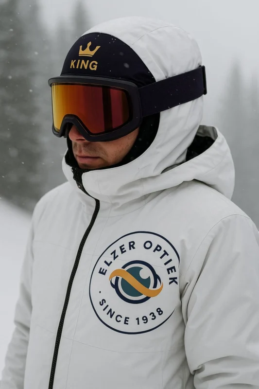 Snowboarder met pak van Elzer Optiek en goggles van het merk KING