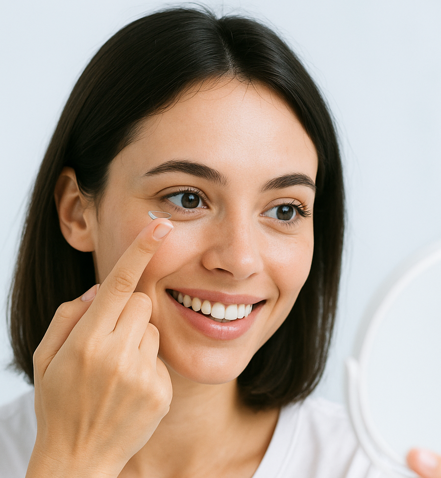 Jonge vrouw met contactlens op haar wijsvinger