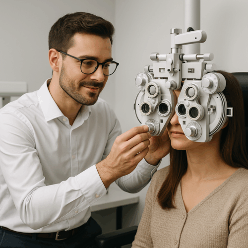 Opticien doet een refractie bij een klant