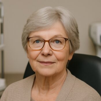 Mevrouw in de meetruimte, in afwachting van de ZichtZeker Check bij Elzer Optiek in Norg